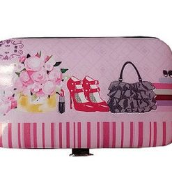 Manicure set- High heel shoes, purse and flowers on pink background