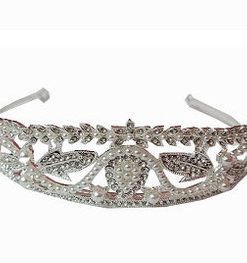 Hair tiara- pearl wave with rhinestone leaves, silver