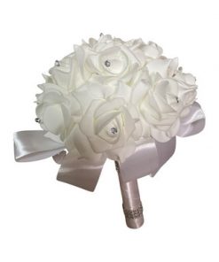 Wedding Flower Bouquet w/ Foam Roses w/ Rhinestone Pins in Middle & Ribbon w/ Bling Wrapped Around