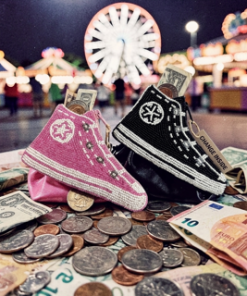 Handmade beaded coin purse in a trendy sneaker design