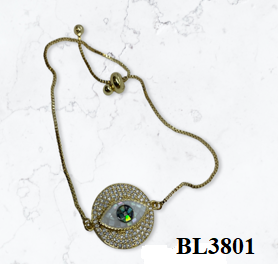 Bracelet-evil eye with color stone shell around pull up gold chain