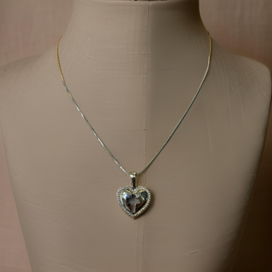Necklace- heart with cross trim zirconia stone-Silver/Gold