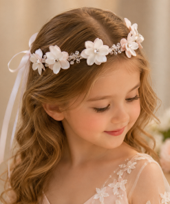 Alternative view of Hairband- White pointy flowers with circle rhinestones in between and ribbon on end