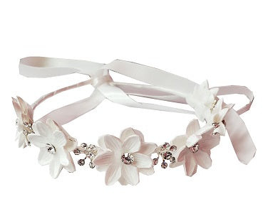 Hairband- White pointy flowers with circle rhinestones in between and ribbon on end