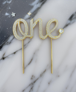 Cake Topper - "One" with heart on end (152mm x 53mm, Gold/Silver)