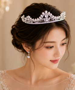 Hair tiara - Pearls on top with round rhinestones and rhinestone leaves