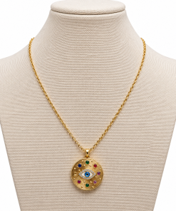 Necklace around evil eye with stone pendant gold chain