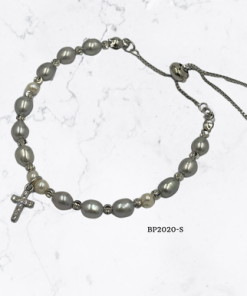 Bracelet - Fresh oval grey or white water pearl with cross gold and silver  pull cord w plastic box