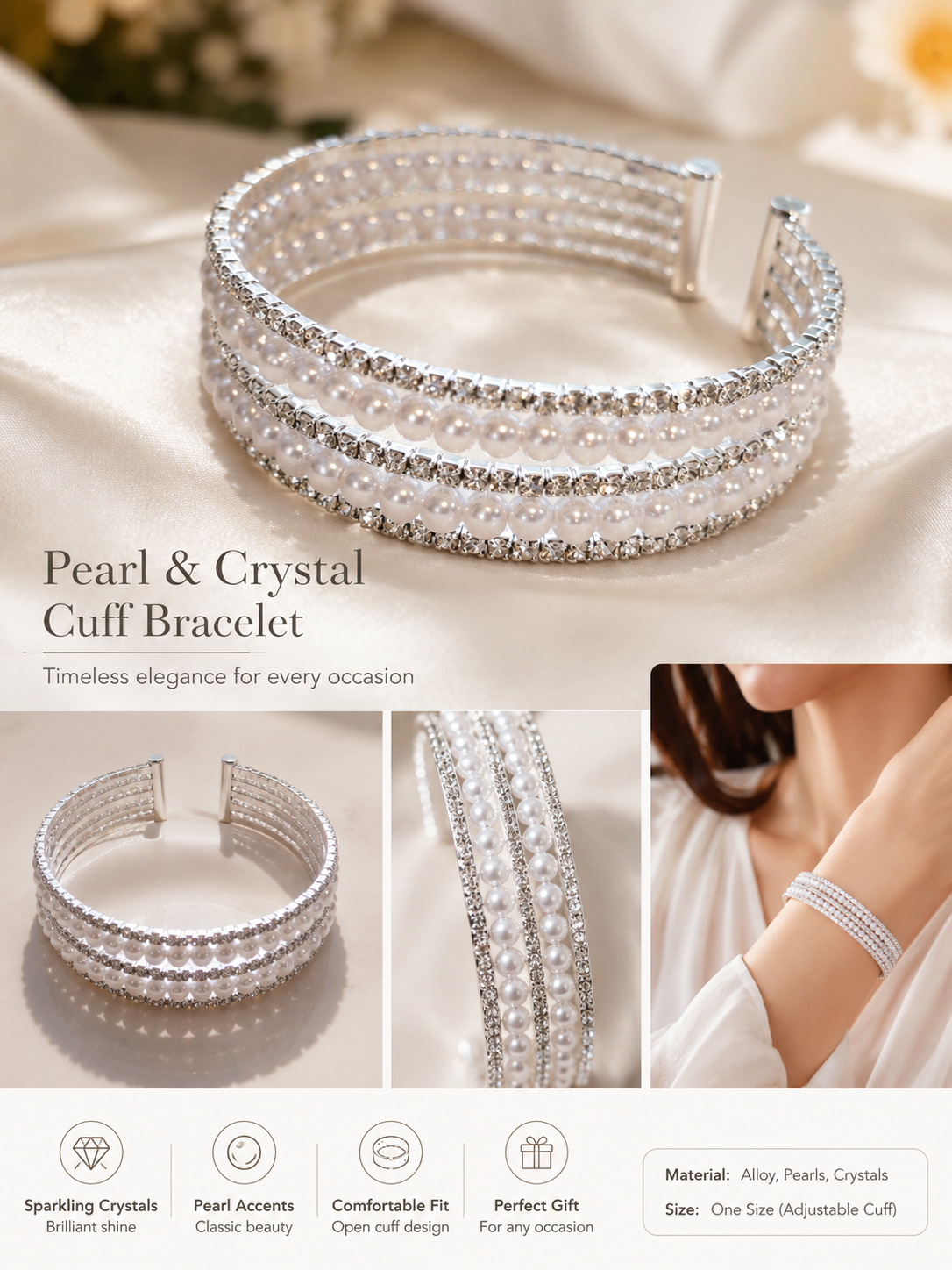 Cuff Bracelet Rhinestone 2 Line Pearl