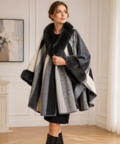 Alternative view of Striped cloak cape with faux fur around neck and arms ( colour options )