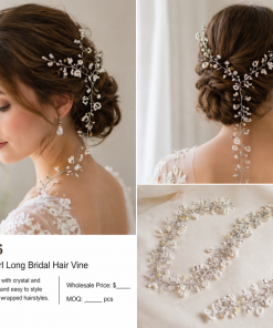 Hair vine long rhinestone leaves and white beading