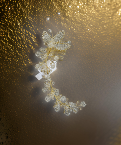 Hairband on wire with rhinestones , 3 clear beaded leaves and clear beaded flower clusters, gold