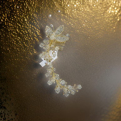 Hairband on wire with rhinestones , 3 clear beaded leaves and clear beaded flower clusters, gold