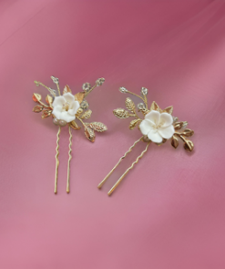 Hair pin rose gold with white flower 2 pc set