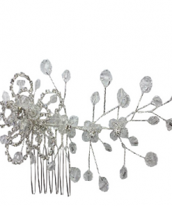 Hair comb with rhinestone outline flower with 2 small clear beaded flowers and clear beads around