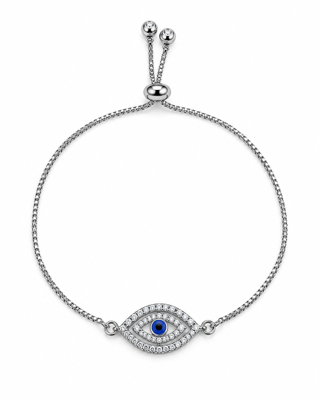 Bracelet- Evil eye med size silver , gold. rose gold pull cord chain