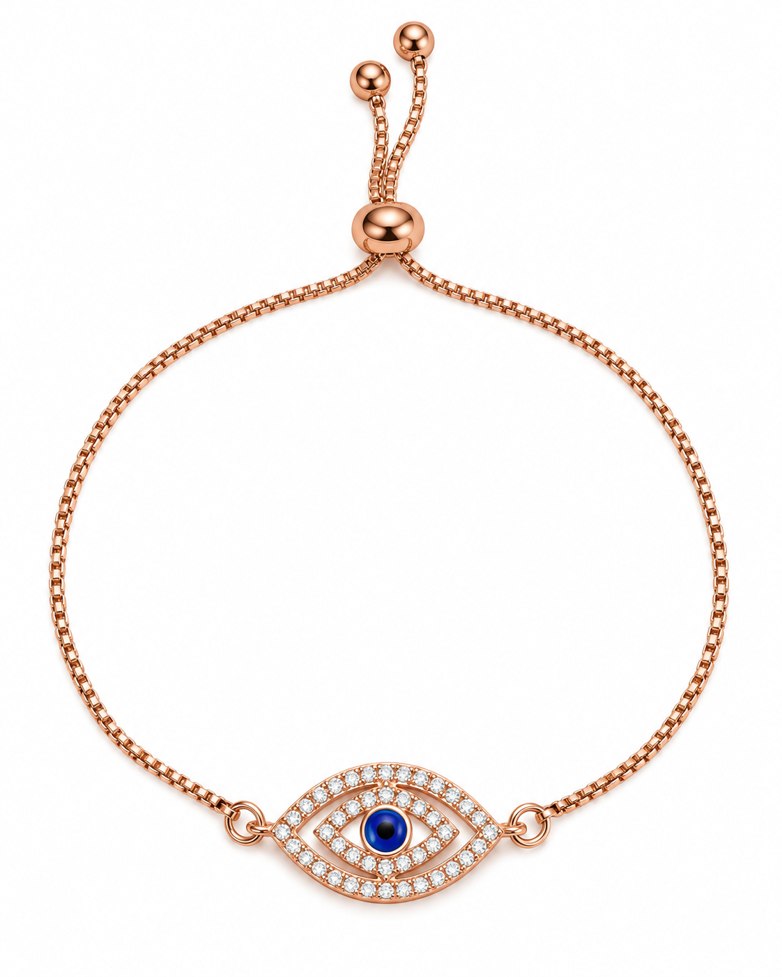 Bracelet- Evil eye med size silver , gold. rose gold pull cord chain - Image 2