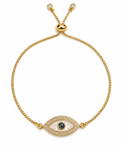 Bracelet- Gold evil eye with white center and green eye , on pull cord