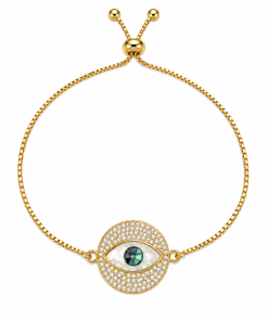Bracelet-evil eye with color stone  shell around pull up gold chain