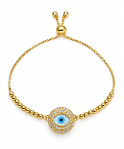 Bracelet- Oval evil eye with gold rhinestones around and small gold beads