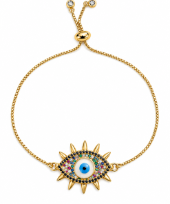 Bracelet- Evil eye with colorful stones and lashes on gold pull cord