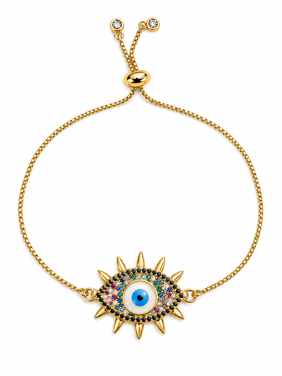 Bracelet- Evil eye with colorful stones and lashes on gold pull cord