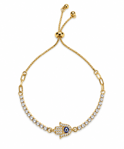 Bracelet- Evil Eye Hamsa hand gold beads pull up cord
