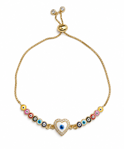 Bracelet - multicolored evil eye middle oval or heart gold pull cord chain