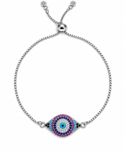 Bracelet- Evil eye with blue, purple, teal and black rhinestones on pull cord