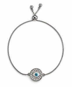 Bracelet-evil eye , cubic zirconia stone around, pull cord silver colour option