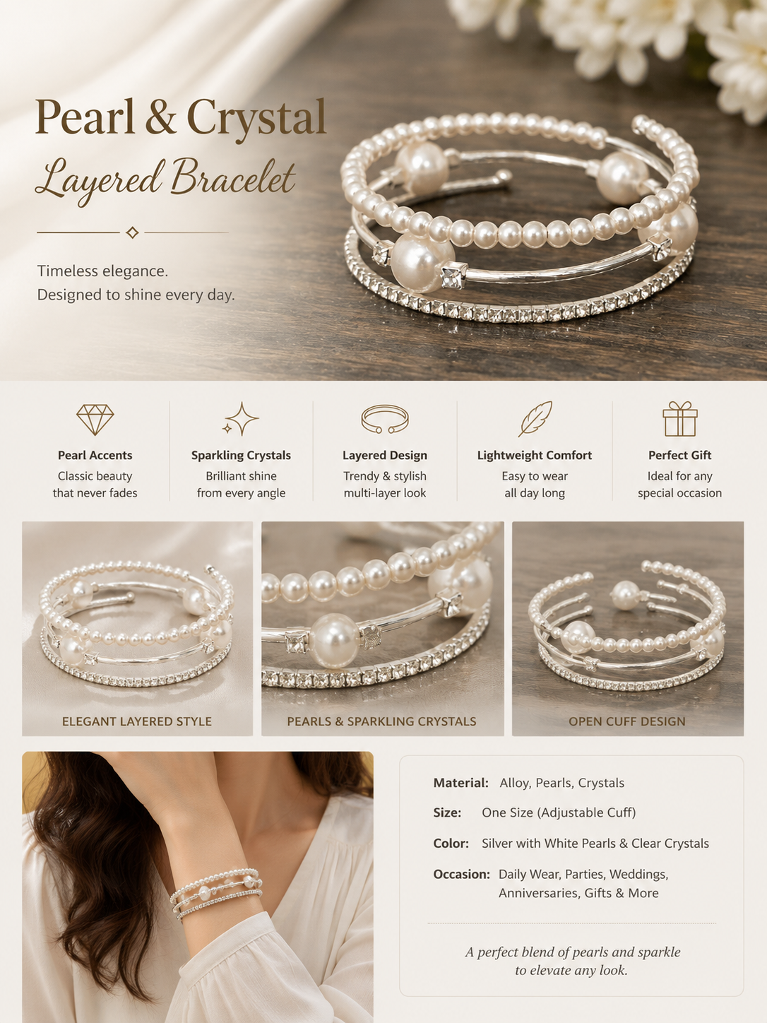 Pearl & Crystal Layered Cuff Bracelet