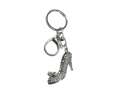 Keychain- Small rhinestone shoe with bow silver