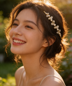 Hair band on wire, rhinestone leaves and pearls , gold