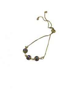 Bracelet - 3 round evil eyes with rhinestone squares, adjust gold cord (colour options)