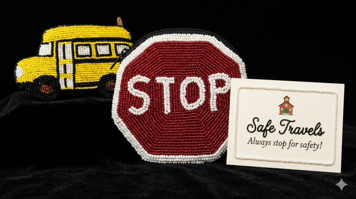 Handmade Beaded School bus & Stop Sign Coin Purse
