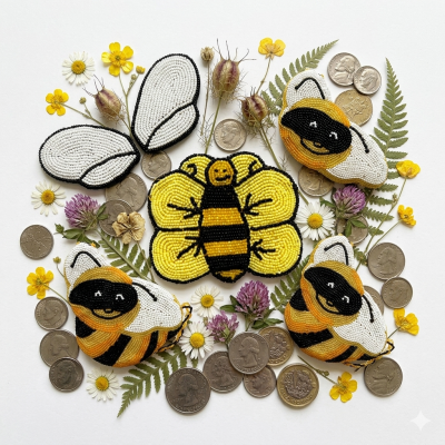 Handmade Beaded Coin purse-Bee & Flower Design 