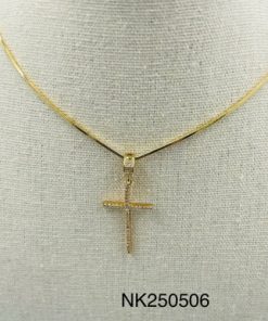 Necklace- Long thin rhinestone cross on gold snake chain