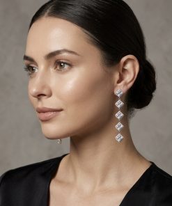 Dangling  Earring cubic zirconium stone silver stud 2.25 inches long