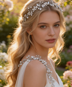 Hair band with beige ribbon handmade pearls and crystal