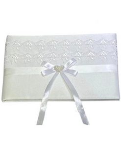 Wedding Guest Book w/ Lace Design and Bow w/ Pearl Heart