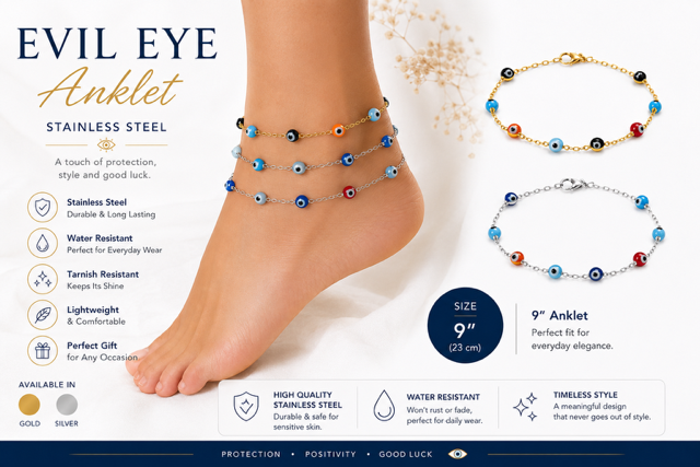 Anklets Evil eye Stainless Steel Gold or Silver