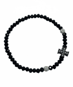 Bracelet- Black crystal beads with 2 Austrian crystal shamballas and rhinestone cross , min 2 pcs