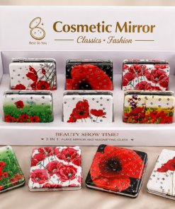 compact mirror - SQ, Poppy Flowers with glitter pattern/box of 12 pcs
