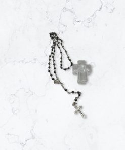 Rosary- Hematite crystal bead necklace rosary in clear cross case