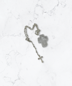 Rosary- Pearl & silver bead necklace in clear cross case