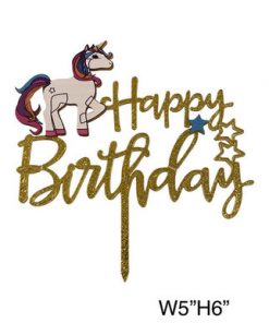 Acrylic Cake Topper - Happy Birthday with unicorn and stars (5" x 6", Gold/Silver)