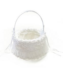 Wedding Basket Round w/ Roses, 2 Bows and 2 Small Pearls on Side