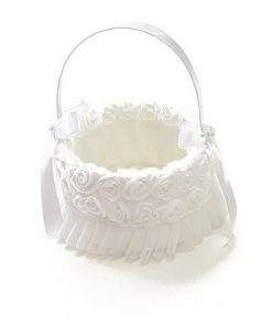 Wedding Basket Round w/ Roses, 2 Bows and 2 Large Pearls on Side