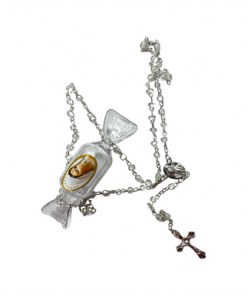 ROSARY NECKLACE W/ BEADS. COMES IN A CANDY SHAPED CASE