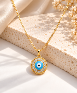 Necklace- Evil eye on long gold plated 1.00"chain with extension , 18 " (colour options)
